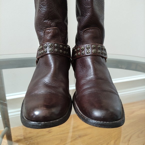 FRYE Phillip Studded Brown Leather Harness Tall Leather Boots women's 9B - Picture 8 of 16
